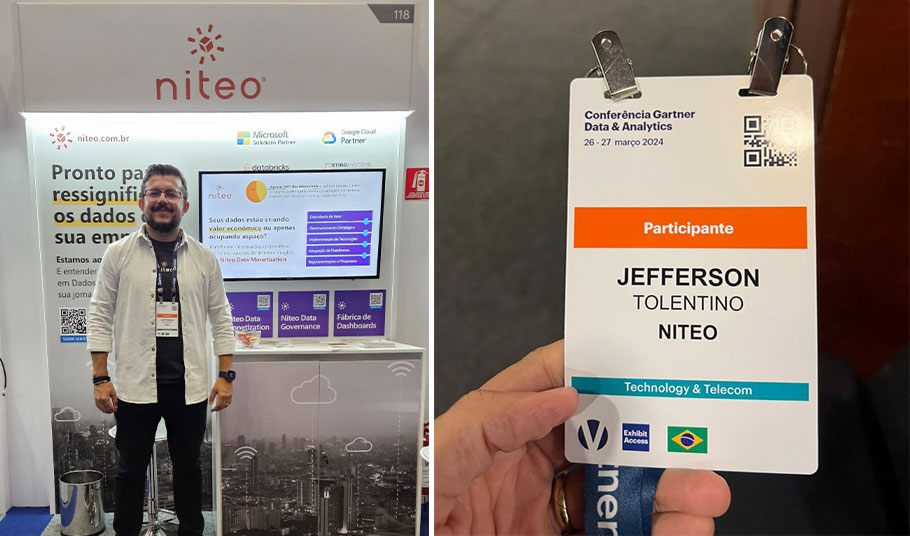 Colagem de duas fotos da Conferência Gartner Data & Analytics 2024, na qual a da esquerda está Jefferson Tolentino, CSO na Niteo, em frente ao estande da Niteo Technologies, e na direita, está a foto do crachá usado por ele.