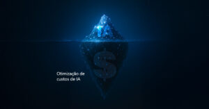 Iceberg digital em tons de azul escuro e claro, com uma rede de conexões que se assemelham a neurônios na ponta visível, representando a "IA". Abaixo da linha d'água, a base do iceberg, em maior volume, exibe um símbolo de dólar ($), com a frase "Otimização de custos de IA" no canto inferior esquerdo. A imagem simboliza os custos ocultos da inteligência artificial.