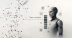 Robô humanoide de perfil olhando para a direita, com ícones de dados e processos alinhados verticalmente ao seu lado, conectados a ele. À esquerda, uma rede de pontos e linhas abstratas. No centro, o texto "Data contracts" liga a rede de dados ao robô.