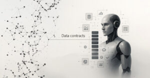 Robô humanoide de perfil olhando para a direita, com ícones de dados e processos alinhados verticalmente ao seu lado, conectados a ele. À esquerda, uma rede de pontos e linhas abstratas. No centro, o texto "Data contracts" liga a rede de dados ao robô.