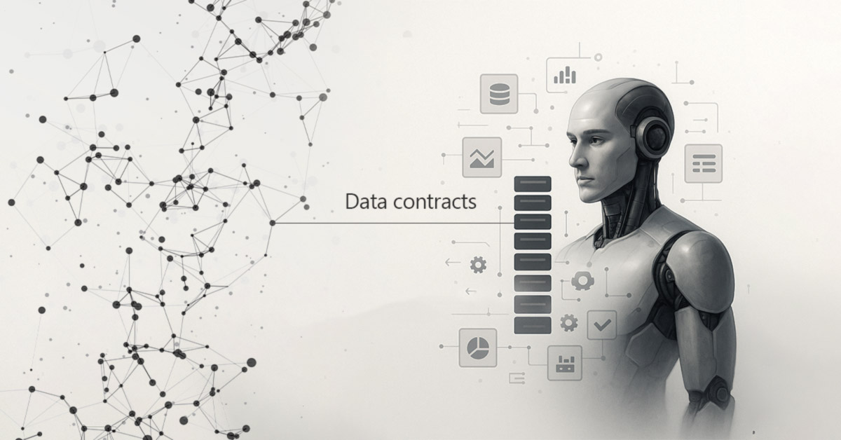 Robô humanoide de perfil olhando para a direita, com ícones de dados e processos alinhados verticalmente ao seu lado, conectados a ele. À esquerda, uma rede de pontos e linhas abstratas. No centro, o texto "Data contracts" liga a rede de dados ao robô.