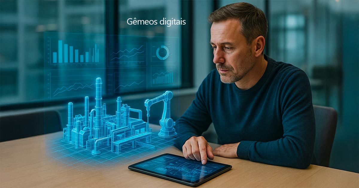 Homem usando um tablet para interagir com um holograma azul de uma fábrica futurista e gráficos de dados, ilustrando a aplicação de gêmeos digitais na simulação de processos industriais.