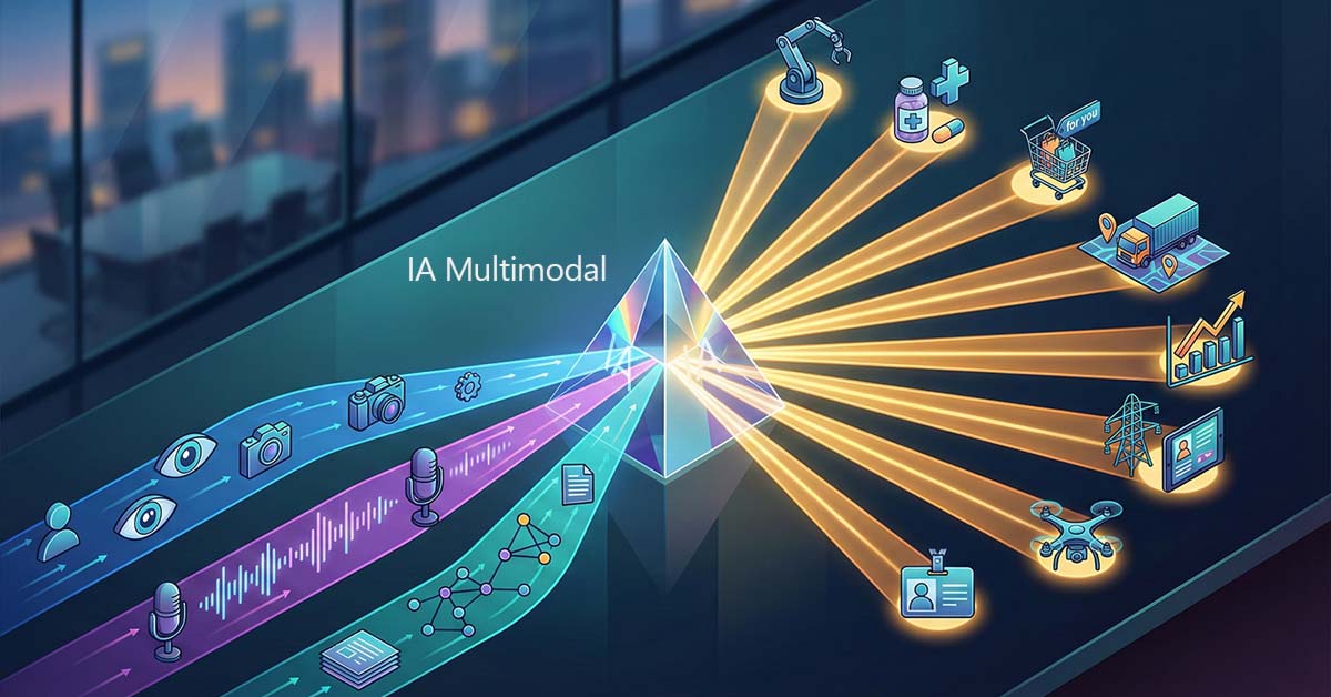 Ilustração conceitual da IA Multimodal agindo como um prisma que funde dados de visão, voz e texto para gerar valor de negócio em setores como saúde, logística e varejo.