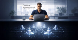 Ilustração conceitual dividida em dois planos: na parte superior, um profissional trabalha focado em um laptop; na parte inferior, uma rede conectada de pequenos robôs digitais executa tarefas complexas, visualizando a automação nos Cases de Agentes de IA.