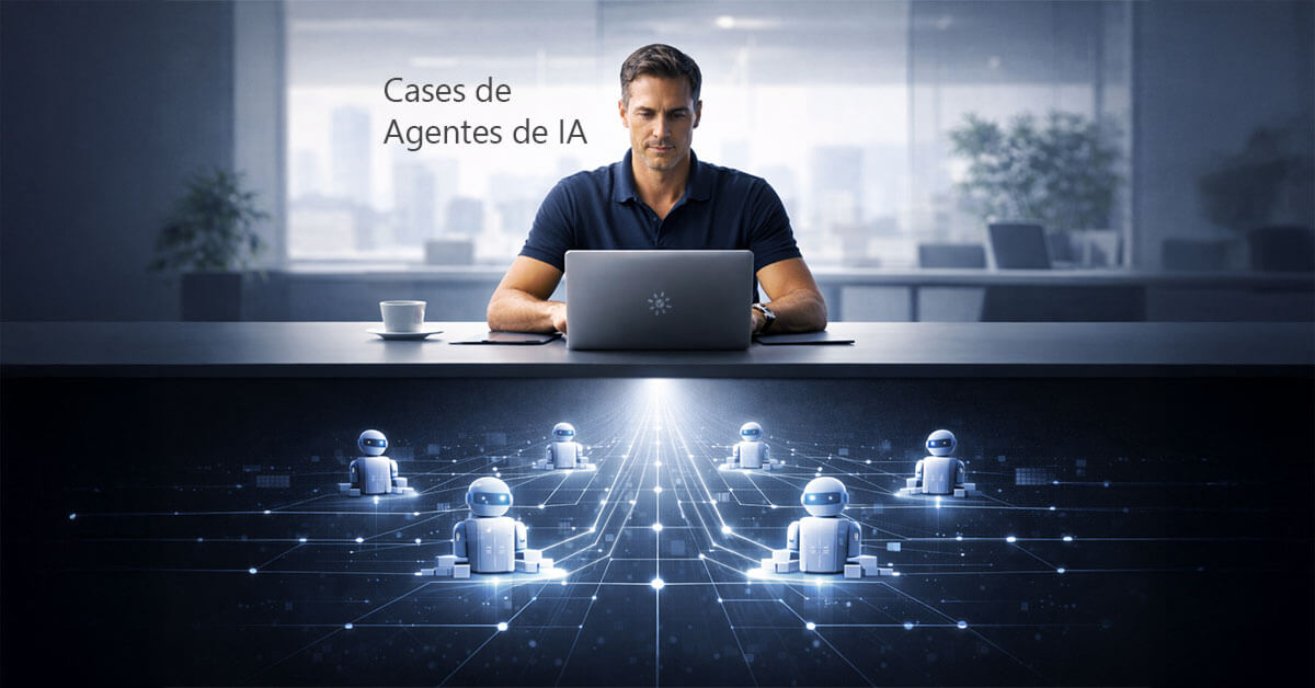 Ilustração conceitual dividida em dois planos: na parte superior, um profissional trabalha focado em um laptop; na parte inferior, uma rede conectada de pequenos robôs digitais executa tarefas complexas, visualizando a automação nos Cases de Agentes de IA.