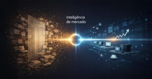 Ilustração digital dividida ao meio mostrando documentos físicos desorganizados se transformando em dados digitais estruturados e gráficos de crescimento, simbolizando a evolução da Inteligência de Mercado na Era da IA.