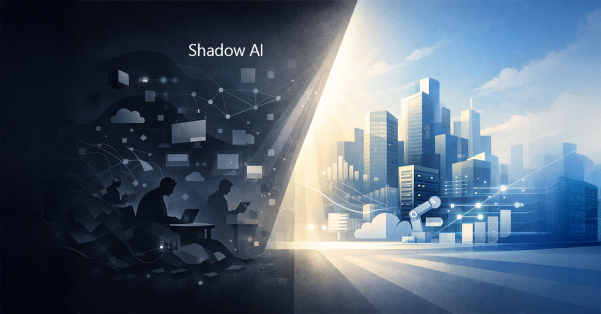 Ilustração digital dividida diagonalmente: à esquerda, silhuetas trabalham em computadores num ambiente escuro e caótico; à direita, uma cidade futurista iluminada e estruturada, simbolizando o contraste entre o uso oculto e o oficial da Shadow AI.