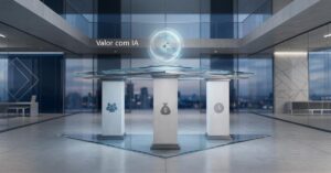 Saguão de uma empresa com uma mesa no centro sustentada por três pilares com ícones que representam o valor com IA: ROE (Retorno Sobre o Colaborador), ROI (Retorno Sobre o Investimento e ROF (Retorno Sobre o Futuro).