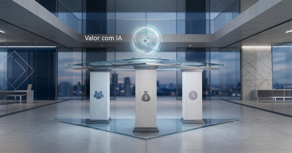 Saguão de uma empresa com uma mesa no centro sustentada por três pilares com ícones que representam o valor com IA: ROE (Retorno Sobre o Colaborador), ROI (Retorno Sobre o Investimento e ROF (Retorno Sobre o Futuro).