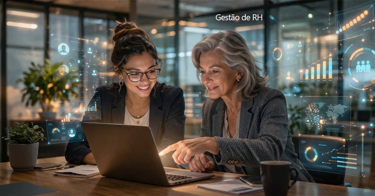 Duas mulheres olhando para o notebook sorrindo, com hologramas de dashboards em torno delas, representando a Gestão de RH com Inteligência Artificial.