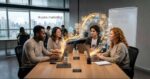 Uma foto de um grupo diversificado de quatro profissionais de marketing – dois homens e duas mulheres – reunidos em torno de uma mesa de reunião moderna de escritório. Eles estão focados e engajados em uma discussão colaborativa. Do centro de seus laptops abertos, emerge uma projeção holográfica brilhante em tons de azul e laranja, com ícones que representam marketing digital e IA para marketing: um robô de chatbot, gráficos de barras ascendentes, curtidas em mídias sociais e um ícone de IA (inteligência artificial). A projeção forma um arco visual entre eles. À direita, um quadro branco exibe as palavras 'MARKETING IA 2026'. Ao fundo, há janelas do chão ao teto com vista para o horizonte de uma cidade movimentada e, acima da cena principal, as palavras 'IA para marketing' flutuam em texto branco. A imagem é otimizada para SEO, enfatizando o uso de IA em estratégias de marketing digital. A atmosfera é de inovação e tecnologia avançada no ambiente corporativo.