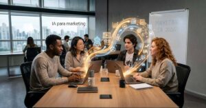 Uma foto de um grupo diversificado de quatro profissionais de marketing – dois homens e duas mulheres – reunidos em torno de uma mesa de reunião moderna de escritório. Eles estão focados e engajados em uma discussão colaborativa. Do centro de seus laptops abertos, emerge uma projeção holográfica brilhante em tons de azul e laranja, com ícones que representam marketing digital e IA para marketing: um robô de chatbot, gráficos de barras ascendentes, curtidas em mídias sociais e um ícone de IA (inteligência artificial). A projeção forma um arco visual entre eles. À direita, um quadro branco exibe as palavras 'MARKETING IA 2026'. Ao fundo, há janelas do chão ao teto com vista para o horizonte de uma cidade movimentada e, acima da cena principal, as palavras 'IA para marketing' flutuam em texto branco. A imagem é otimizada para SEO, enfatizando o uso de IA em estratégias de marketing digital. A atmosfera é de inovação e tecnologia avançada no ambiente corporativo.