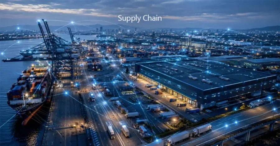 IA na cadeia de suprimentos: Uma visão aérea de um porto inteligente e armazém noturno, com uma rede global de dados conectando todos os processos de logística.