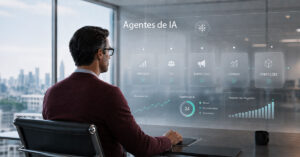 Homem de óculos e blusa bordô observa uma tela transparente com um fluxo de processos corporativos. Na imagem constam os títulos "Agentes de IA", "Desempenho" e "Impacto nos Negócios", divididos por departamentos como Finanças e RH.