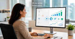 Mulher sentada em uma mesa de escritório olhando para um monitor que exibe gráficos de barras ascendentes e ícones de processamento de dados do setor financeiro com IA. Texto na imagem: "IA no setor financeiro