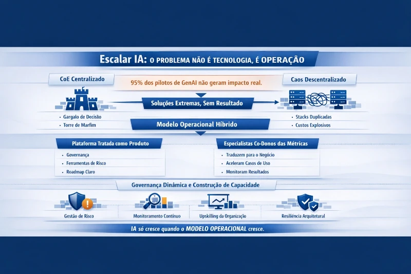 Infográfico corporativo em tons de azul com o título 'Escalar IA: o problema não é tecnologia, é operação', baseado no modelo operacional de IA da Niteo Technologies. No topo, aponta que 95% dos pilotos de GenAI não geram impacto real, ilustrando os extremos das soluções sem resultado: o CoE Centralizado (com gargalo de decisão e torre de marfim) e o Caos Descentralizado (com stacks duplicadas e custos explosivos). Ao centro, apresenta o Modelo Operacional Híbrido dividido em duas frentes: Plataforma Tratada como Produto (Governança, Ferramentas de Risco e Roadmap Claro) e Especialistas Co-Donos das Métricas (Traduzem para o negócio, Aceleram casos de uso e Monitoram resultados). Na base, destaca a 'Governança Dinâmica e Construção de Capacidade' por meio de quatro pilares: Gestão de Risco, Monitoramento Contínuo, Upskilling da Organização e Resiliência Arquitetural, com a frase de fechamento 'IA só cresce quando o MODELO OPERACIONAL cresce'.