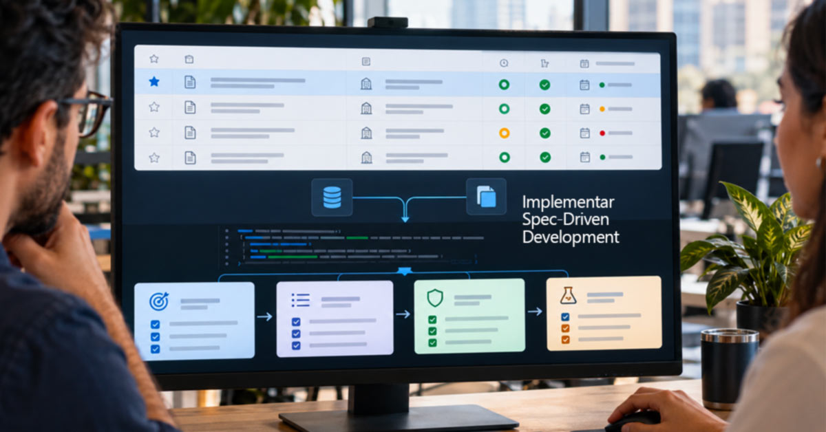 Um homem na esquerda e uma mulher na direita olhando para a tela de um computador com fluxos automatizados de trabalho, representando como implementar Spec-Driven Development.