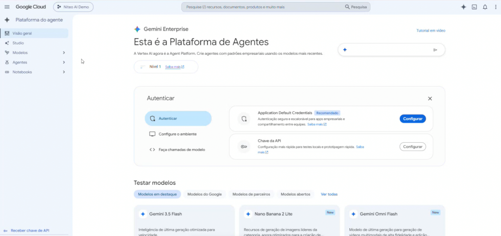 Interface do Google Cloud, cuja página inicial evidenciada é a Plataforma de Agentes do Gemini Enterprise.
