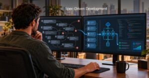 Homem de costando olhando para duas telas de computador e mexendo no mouse. Nas telas há gráficos e fluxos de trabalho automatizados, representando Spec-Driven Development.