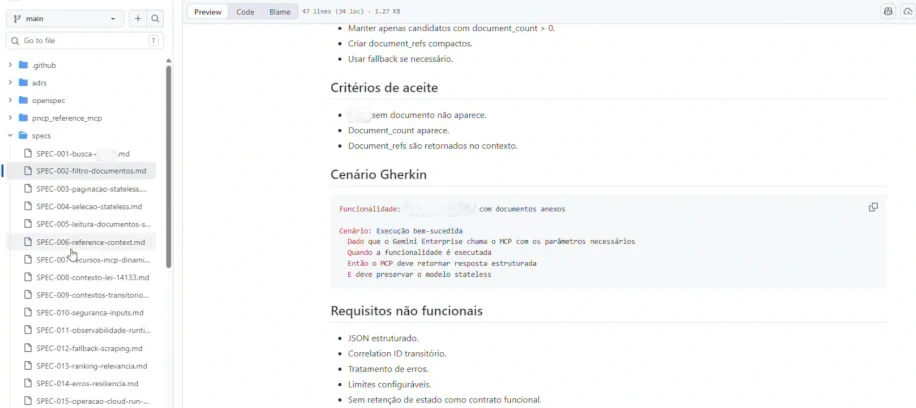 Captura de tela de uma interface de repositório demonstrando o Spec-Driven Development. À esquerda, há um menu de navegação listando uma pasta "specs" com diversos arquivos markdown (como SPEC-002 e SPEC-006). À direita, a visualização do documento exibe seções estruturadas contendo "Critérios de aceite", um "Cenário Gherkin" detalhado e "Requisitos não funcionais".
