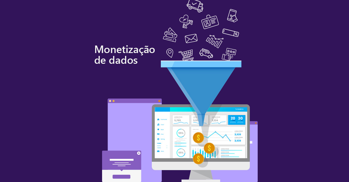 Desenho de vários dispositivos com um funil na parte frontal e superior, com vários ícones representando o que é a monetização de dados.